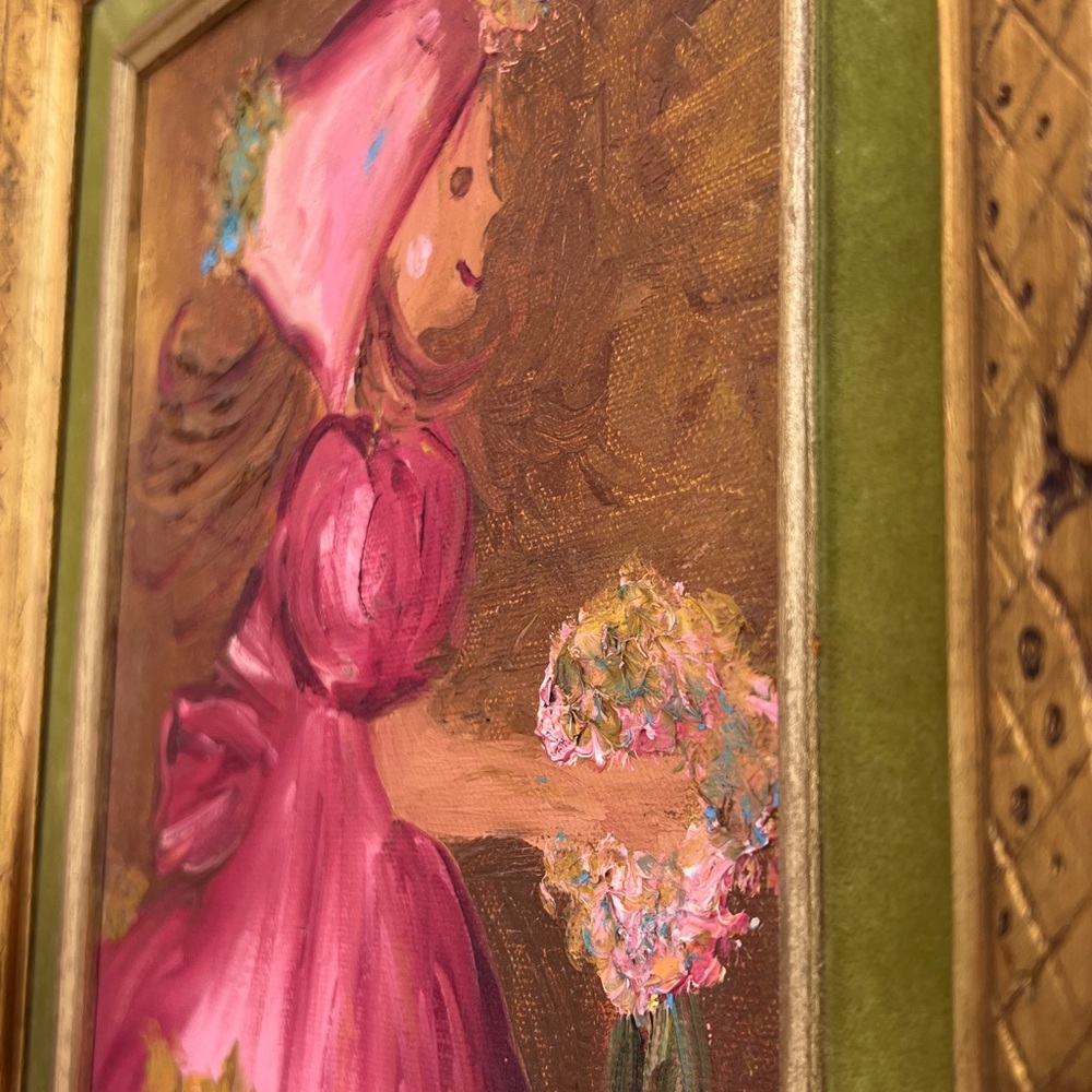 Vintage Italy Signed Oil Painting Gold Gilt Green Velvet Frame Girl W Flowers - Picture 10 of 16
